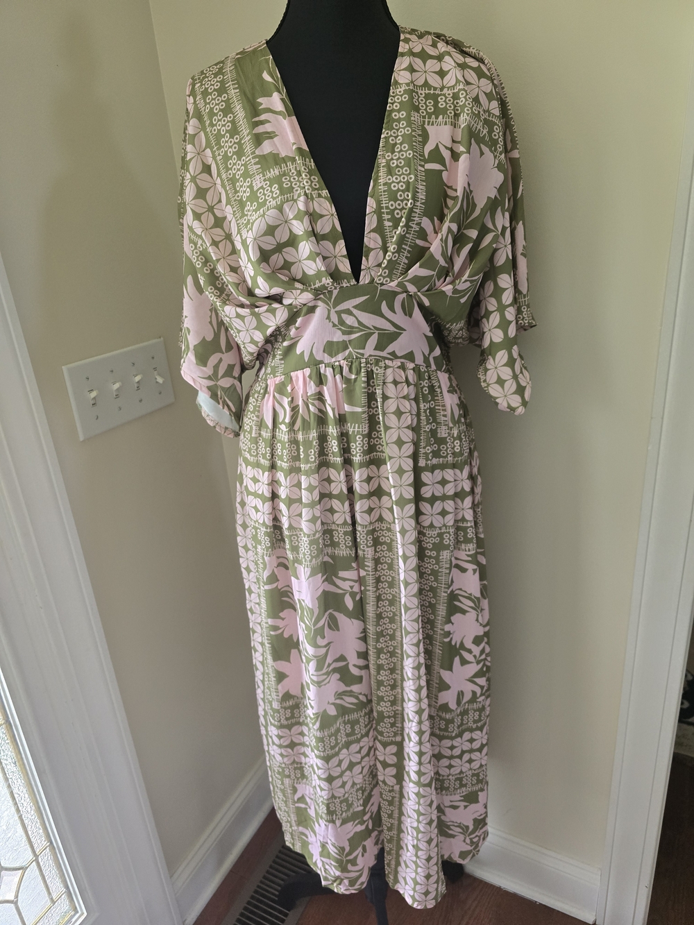 Olive Green & Blush Pink Floral Maxi Dress
